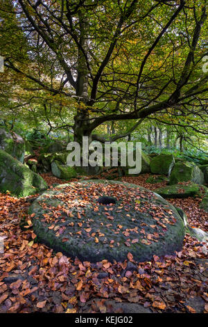 Abgebrochene Mühlstein im Herbst, padley Schlucht, Grindleford, Nationalpark Peak District, Derbyshire, England, Großbritannien Stockfoto