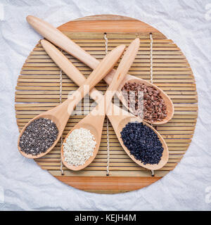 Super gesund der Samen Auswahl Leinsamen, Chia Samen, schwarzem Sesam und weiß Sesam in Löffel aus Holz auf Holz- Hintergrund. Stockfoto