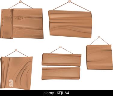 Satz von Holz- Plaques im Cartoon Stil. Holzbretter mit Seil hängend an einem Nagel. Vector Illustration Stock Vektor