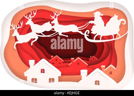 Santa claus Papier schneiden Kunst Stil. Weihnachten origami Konzept. Hirsch reiten. Vector Illustration Stock Vektor