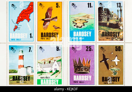 Kleinbogen von Bardsey Island (Wales) Briefmarken von 1979 (endgültige Ausgabe) Stockfoto