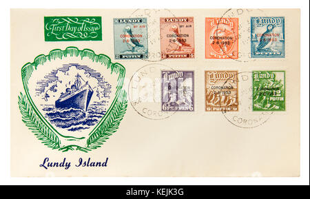 Briefmarken veröffentlicht und frankiert auf Lundy Island (England) auf der Krönung von Königin Elisabeth II., 2. Juni 1953, mit "God Save The Queen' Frankierung markieren Stockfoto