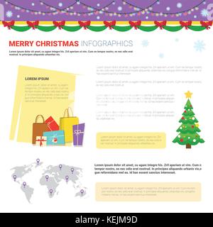 Frohe Weihnachten Infografik Elemente einstellen, Vorlagen mit Text kopieren, Einkaufstaschen und Weltkarte Stock Vektor