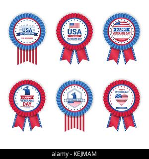 Satz von Veteran tag Medaillen auf weißem Hintergrund, urlaub Abzeichen Sammlung in USA-Flagge Farben Stock Vektor
