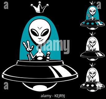 Cartoon Alien King in seiner fliegenden Untertasse und in 4 Versionen. Stock Vektor
