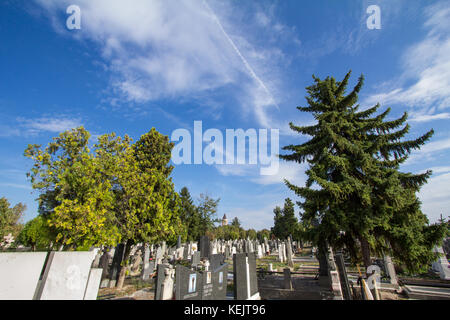 Belgrad, Serbien - Oktober 2, 2017: Gräber und Grüfte in der orthodoxen Friedhof von Zemun, nordöstlich von Belgrad. gardos Turm im Hintergrund gesehen werden kann. Stockfoto