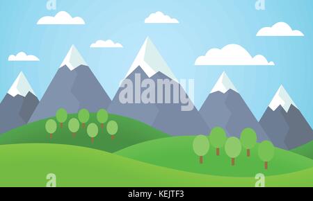 Vector Illustration einer Berglandschaft mit Bäumen und Gras mit Gipfel mit Schnee unter einem blauen Himmel mit Wolken - flache Bauform abgedeckt Stock Vektor