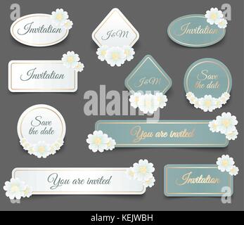 Realistische Vektor label Form mit goldenem Rahmen und weiße daisy flower für Sie Hochzeit Einladung oder Grußkarte design Illustration. realistisches Papier Stock Vektor