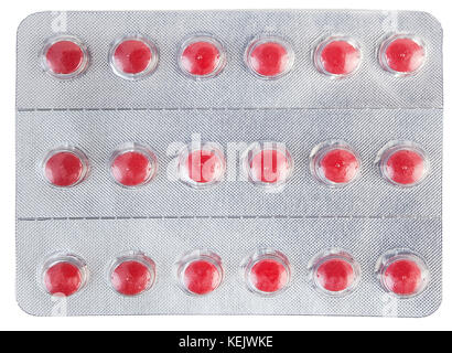 Glänzende Folie Blisterverpackung mit roten Pillen gefüllt. Stockfoto
