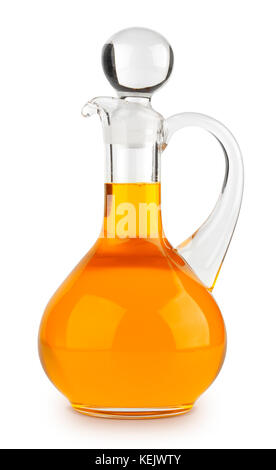 Pflanzenöl in Glasflasche auf weißem Hintergrund Stockfoto