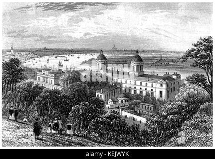 1853 Gravur der königlichen Krankenhaus für Seeleute in Greenwich (jetzt wie die alte Royal Naval College bezeichnet) von Greenwich Park, London. Stockfoto