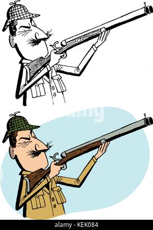 Ein Jäger auf Safari Punkte seiner Schrotflinte auf einige wild. Stock Vektor