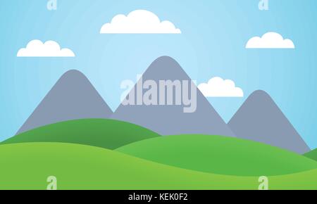 Cartoon bunte Vektor flachbild Abbildung: Berglandschaft mit Wiese unter blauem Himmel mit Wolken Stock Vektor