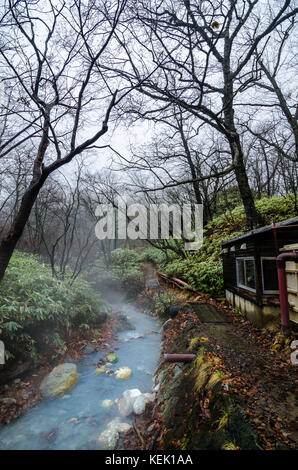 Ein Muss - natürliche Fußbad am Fluss Oyunuma, einem hot spring River fließt vom See oyunuma, in der Nähe der jigokudani Hölle Valley zu besuchen, Japan. Stockfoto