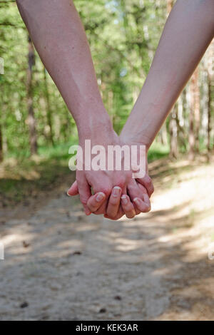 Nahaufnahme von jungen Männern und Frauen, die die Hände in die Hand halten Der Wald an einem Sommertag Stockfoto