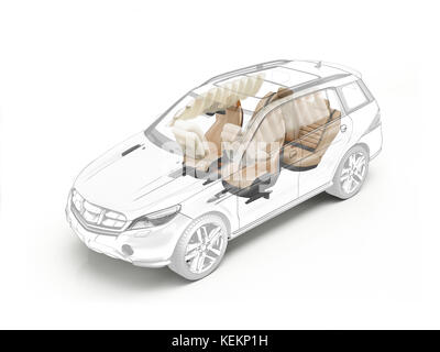 Suv-Fahrzeug technische Cutaway, Querschnitt, Sitze und Airbags. Stockfoto