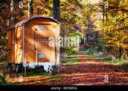 Caravan aus Holz stand neben der Straße in den Wald. Stockfoto
