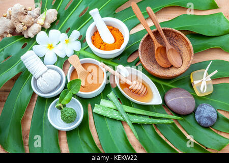 Grüne Blätter mit Nature Spa Hauptbestandteil Kurkuma Pulver in weißem Mörtel, Ingwer, Herbal ball komprimieren, Honig, Seife, Zimtpulver, Houten, Holz- s Stockfoto