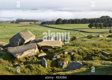 Hadrian's Wall - Kalkstein Ecke: Ausgegrabene Steine am Ufer des nördlichen Grabens mit einem nebligen North Tyne Tal dahinter Stockfoto