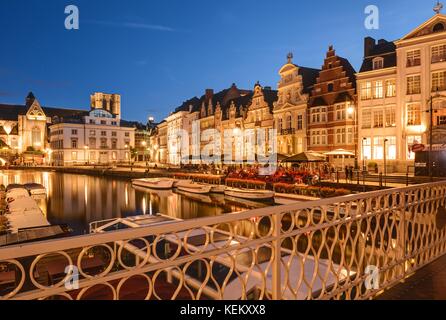 Gent, historisches Zentrum, Blick von der Grasbrug in Korenlei und Graslei-Gent, das historische Zentrum, Ansicht von Grasbrug zu Korenlei und Graslei Stockfoto