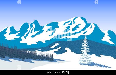 Winterlandschaft mit Silhouetten der Berge und Wald. Schnee und Schatten. Vector Illustration Stock Vektor