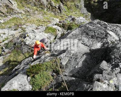 Ein Kletterer auf gillercombe buttress, ein klassisches Klettern auf gillercombe Crag, borrowdale, Lake District National Park Stockfoto