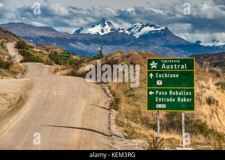 Carretera Austral in Chacabuco Tal, Zukunft Patagonien Nationalpark, in der Nähe von Cochrane, Chile Stockfoto