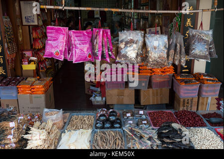 20.10.2017, Singapur, Republik Singapur, Asien - Ein Shop für traditionelle chinesische Medizin verkauft alle Arten von getrockneten Pflanzen, Kräutern, Früchten und Tieren. Stockfoto