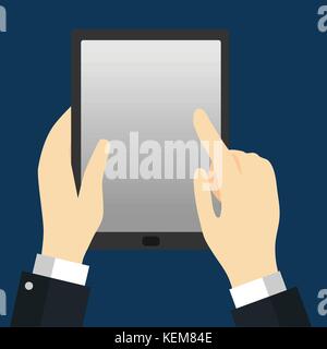 Geschäftsmann holding Tablet, Hand berühren Tablet Display für Business Konzept, Vector Illustration flache Bauweise Stock Vektor