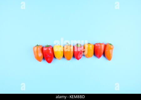 Rote, orange, gelbe Paprika auf trendige blauen Hintergrund. Kopieren Sie Raum, flacher Stil legen. Farbenfrohe Ernährung und gesundes Essen Konzept. Stockfoto