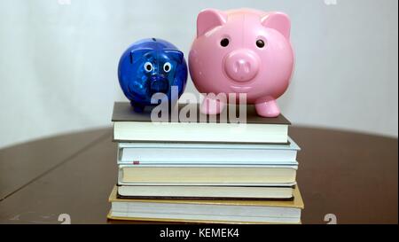 Kleine blaue Sparschwein und größere rosa Sparschwein stehend auf einem Stapel von Büchern Stockfoto