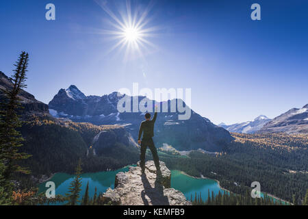 Mann am Berg oben in der Lake O'hara Lake circuit Trail, Yoho National Park Stockfoto