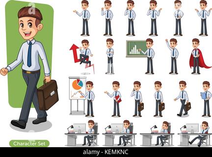 Der Geschäftsmann Cartoon Character Design mit unterschiedlichen Posen vor weißem Hintergrund. Stock Vektor