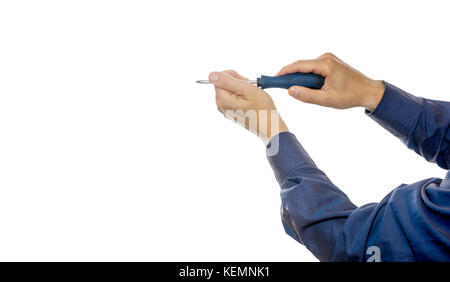 Männer holding Schraubendreher auf whtei Hintergrund Stockfoto