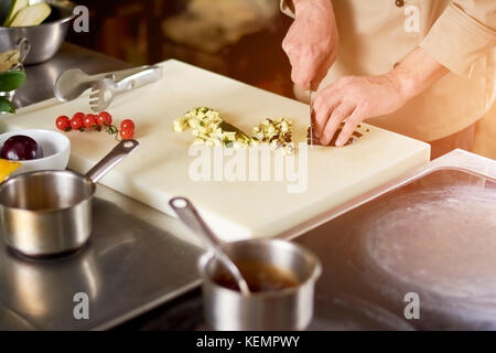 Koch schneiden Gemüse auf Schneidebrett. männliche Küchenchef im Restaurant Aubergine in kleine Stücke schneiden. Der Prozess der Teller Vorbereitung. Sommer gesund Ve Stockfoto