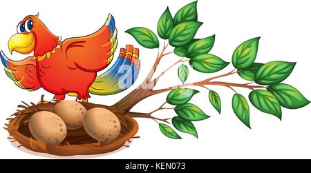 Abbildung: ein bunter Vogel auf dem Ast eines Baumes mit einem Nest auf weißem Hintergrund Stock Vektor