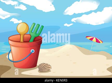 Abbildung: ein Eimer Spielzeug am Strand Stock Vektor