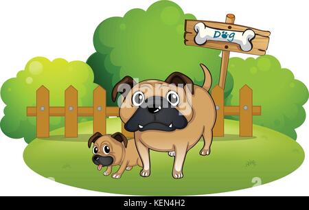 Abbildung aus einem großen und einem kleinen Hund in der Nähe der Tafel auf weißem Hintergrund Stock Vektor