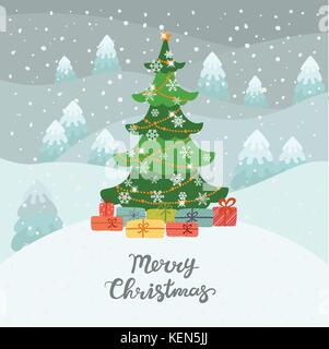 Weihnachtsbaum im Winter Wald mit Geschenken. frohe Weihnachten. Stock Vektor