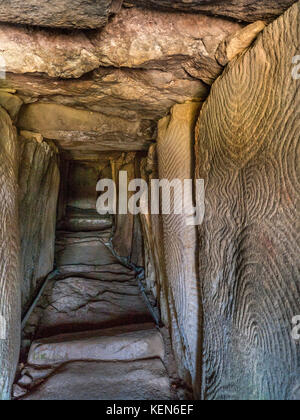 GAVRINIS HÖHLE INNERE Bretagne Frankreich, prähistorische Cairn, Dolmen, Trockenmauern, Grabhügel, mit renommierten symbolische und geheimnisvollen Stein Alter Schnitzereien. Eines der herausragendsten Beispiele der frühesten Architektur und Steinzeit Kunst in der westlichen Welt. Cairn de Gavrinis Sagemor Cale de Penn-Lannic, Larmor Baden Bretagne Frankreich (Megalithes du Morbihan) Stockfoto