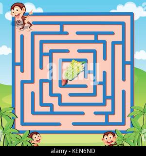 Abbildung: ein Labyrinth Puzzle mit Affen und Bananen Stock Vektor