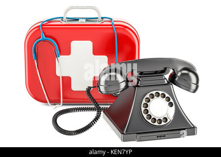 Erste Hilfe Service Konzept, Telefon auf Medical Kit. 3D-Rendering Stockfoto