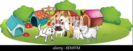 Abbildung: Eine Gruppe von Hunden sammeln vor ihrem Haus auf weißem Hintergrund Stock Vektor