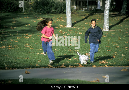 Kindheit Jugendliche person Junge Mädchen laufen Park Leine sorglos gemächlich Freiheit freudigen Hund freudig Genießen Sommer vorne © Myrleen Pearson Stockfoto