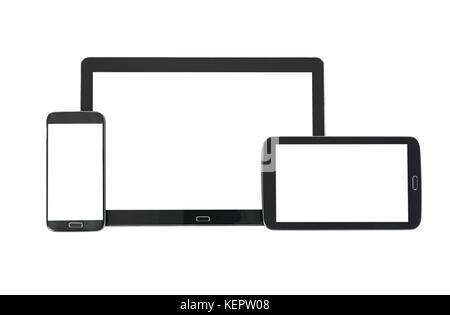 Konzept der Multi Device Technology Mockup für responsive Design Präsentation - digital Tablet und Smartphone ich verschiedene Orientierung. Stockfoto