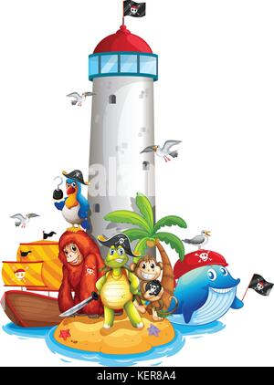 Illustration von einem Leuchtturm und viele Tiere Stock Vektor