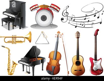 Abbildung der Musikinstrumente auf weißem Hintergrund Stock Vektor
