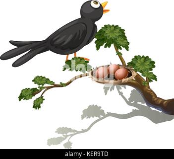 Abbildung: Ein schwarzer Vogel auf dem Ast eines Baumes mit einem Nest auf weißem Hintergrund Stock Vektor