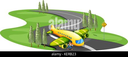 Abbildung: ein Junge mit einem Flugzeug Landung an der langen gewundenen Straße auf einem weißen Hintergrund Stock Vektor