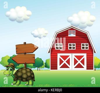 Abbildung: eine Schildkröte mit einem hölzernen Pfeil board und eine Scheune an der Rückseite Stock Vektor